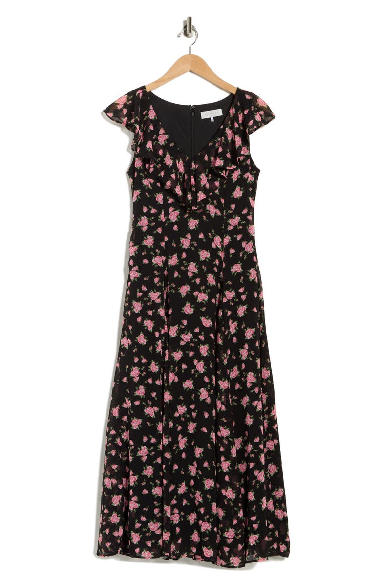 WAYF Floral Cap Sleeve Godet Midi Dress, Main, color, Black Roses