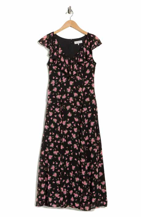 WAYF Floral Cap Sleeve Godet Midi Dress