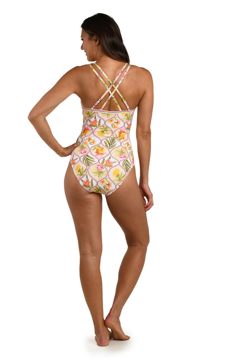 La Blanca Palm Lace-Up Underwire One-Piece Swimsuit, Alternate, color, White Multi