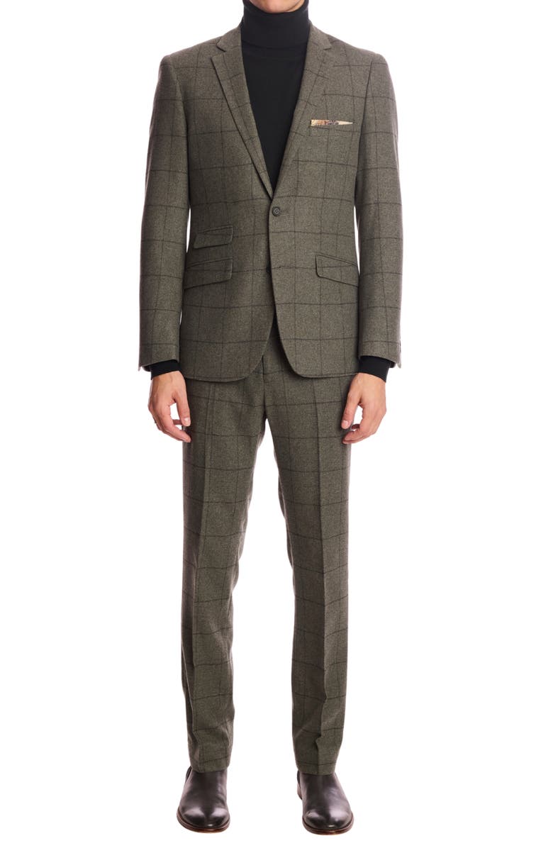 PAISLEY & GRAY Downing Slim Fit Flat Front Windowpane Wool Blend Dress Pants, Alternate, color, Sage Windowpane