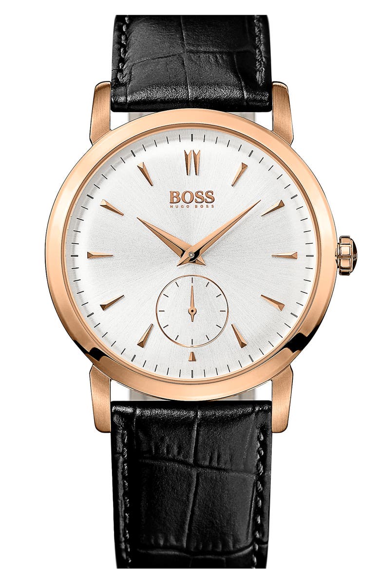 BOSS HUGO BOSS Round Leather Strap Watch, 40mm, Main, color, 
