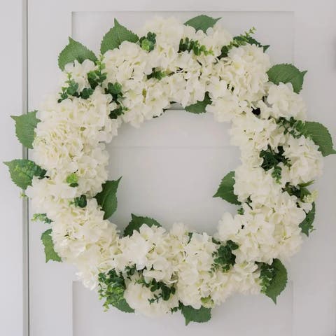 30" White Hydrangea Wreath - 30in Faux Floral Door Wreath