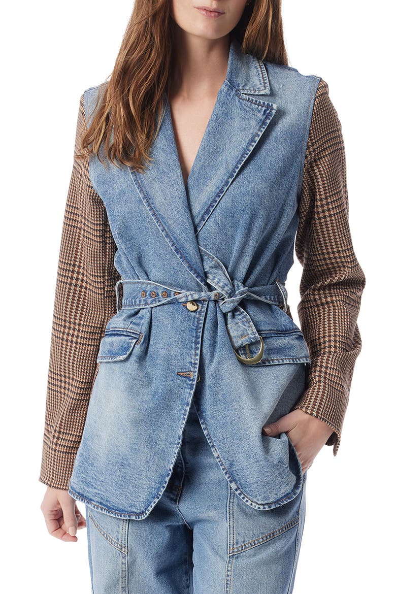 Everly Mixed Media Belted Blazer, Main, color, LAKESIDE WASH - GLEN PLAID
