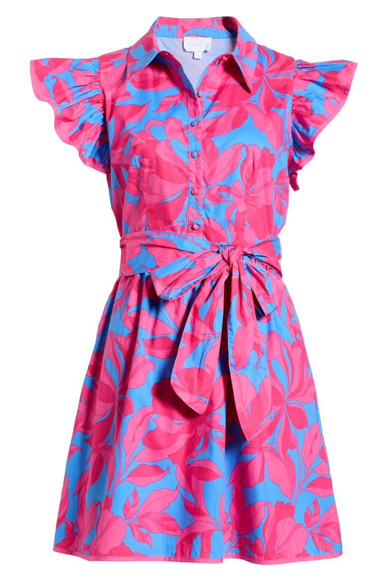 Maia Belted Ruffle Cotton Shirtdress, Alternate, color, PINK-BLUE