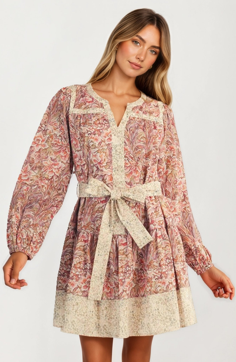 Knit and Lounge Long Sleeve Mini Dress with Contrast Tie Belt and Boho Print, Main, color, 