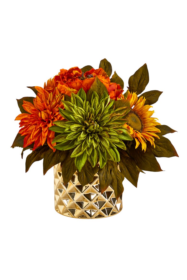 11-in Peony, Dahlia and Sunflower Artificial Arrangement in Gold Vase, Main, color, Orange/Yellow/Green
