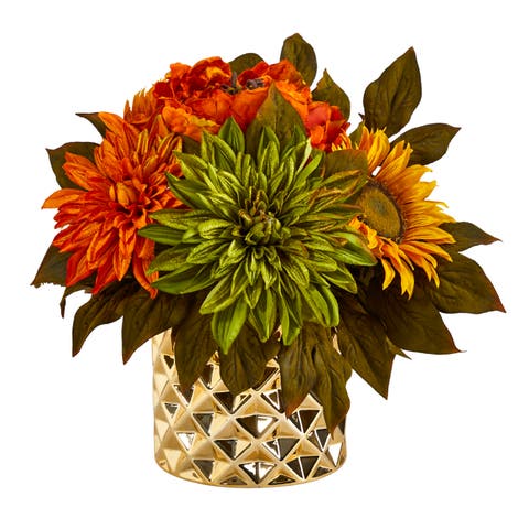 11-in Peony, Dahlia and Sunflower Artificial Arrangement in Gold Vase