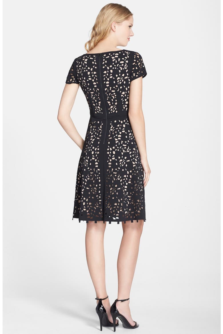 Laser Cut Crepe Fit & Flare Dress, Alternate, color, BLACK/ NUDE