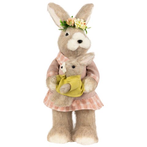 Mother Rabbit with Baby Bunny Easter Figure - 14.5" - Brown and Rose Pink