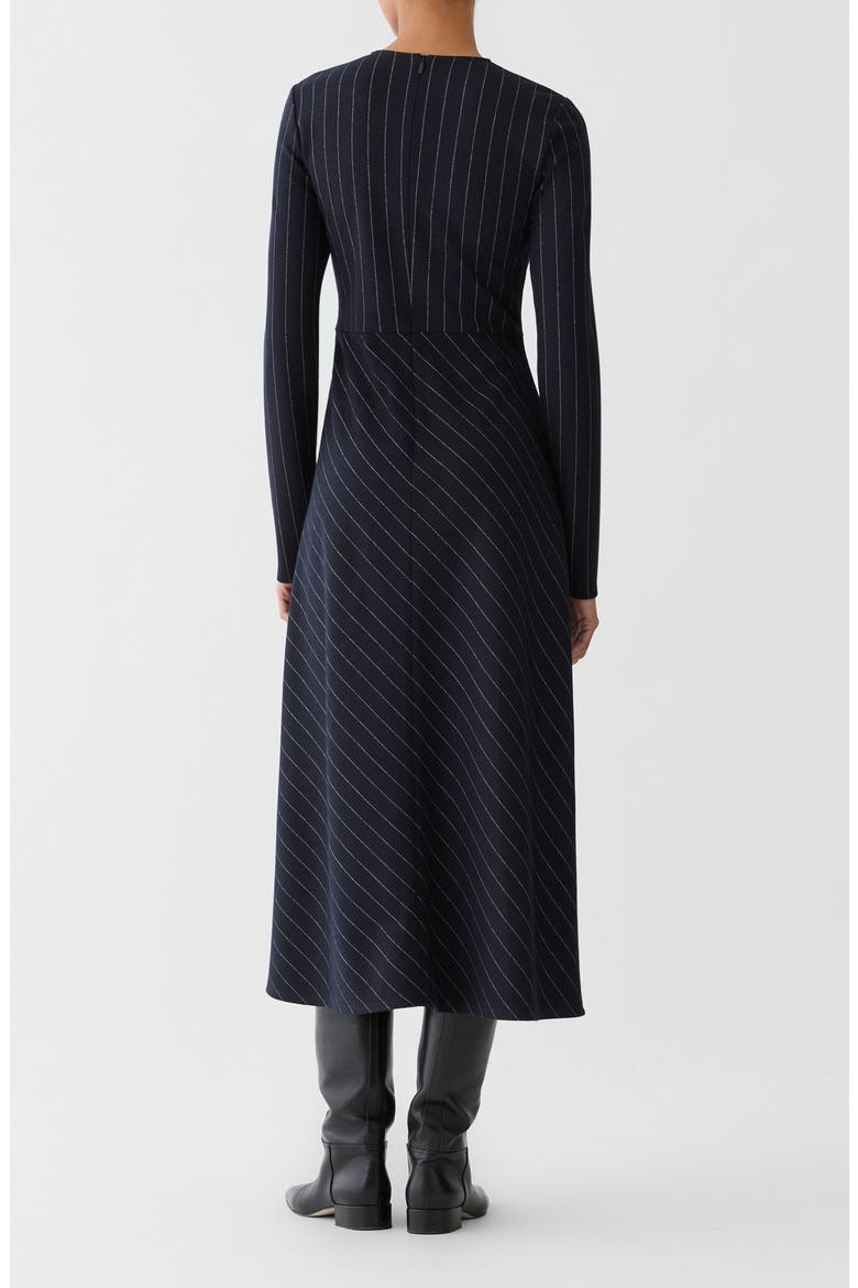 Gathered Waist Wool & Cotton Midi Dress, Alternate, color, NAVY MULTI