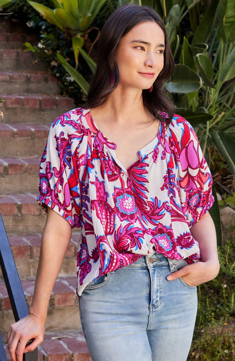 Karen Kane Floral Button-Up Peasant Top, Alternate, color, Ivory/ Pink Print