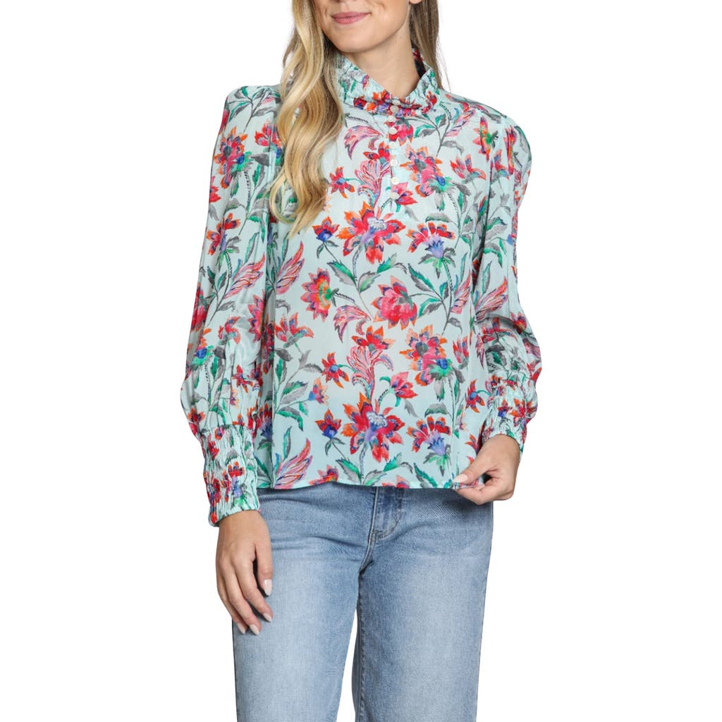 Apny Puff Sleeve Blouse With Ruched Detail In Turquoise Multi In Turquoise Multi