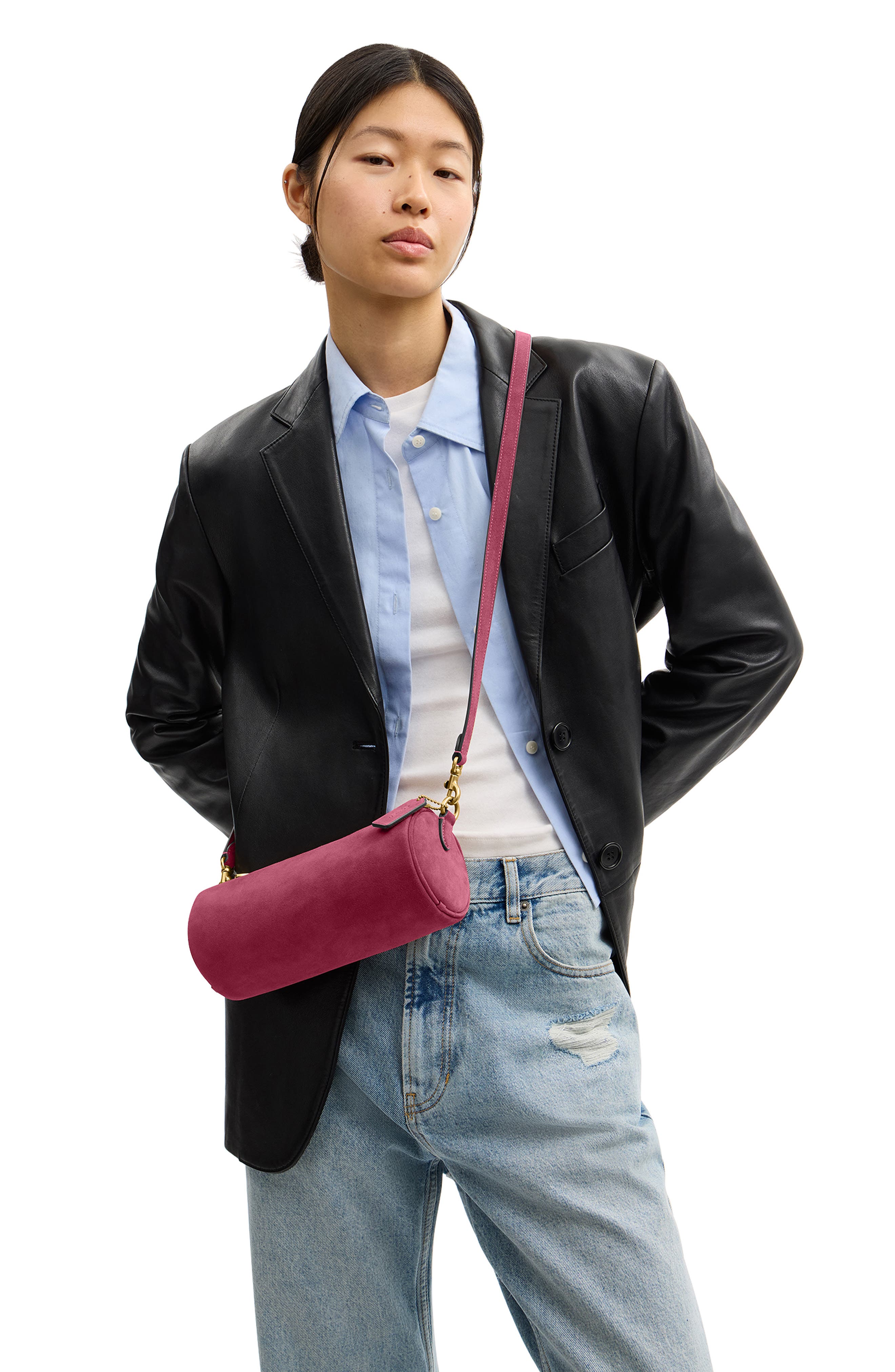 Suede Barrel Bag, Alternate, color, DARK FUCHSIA