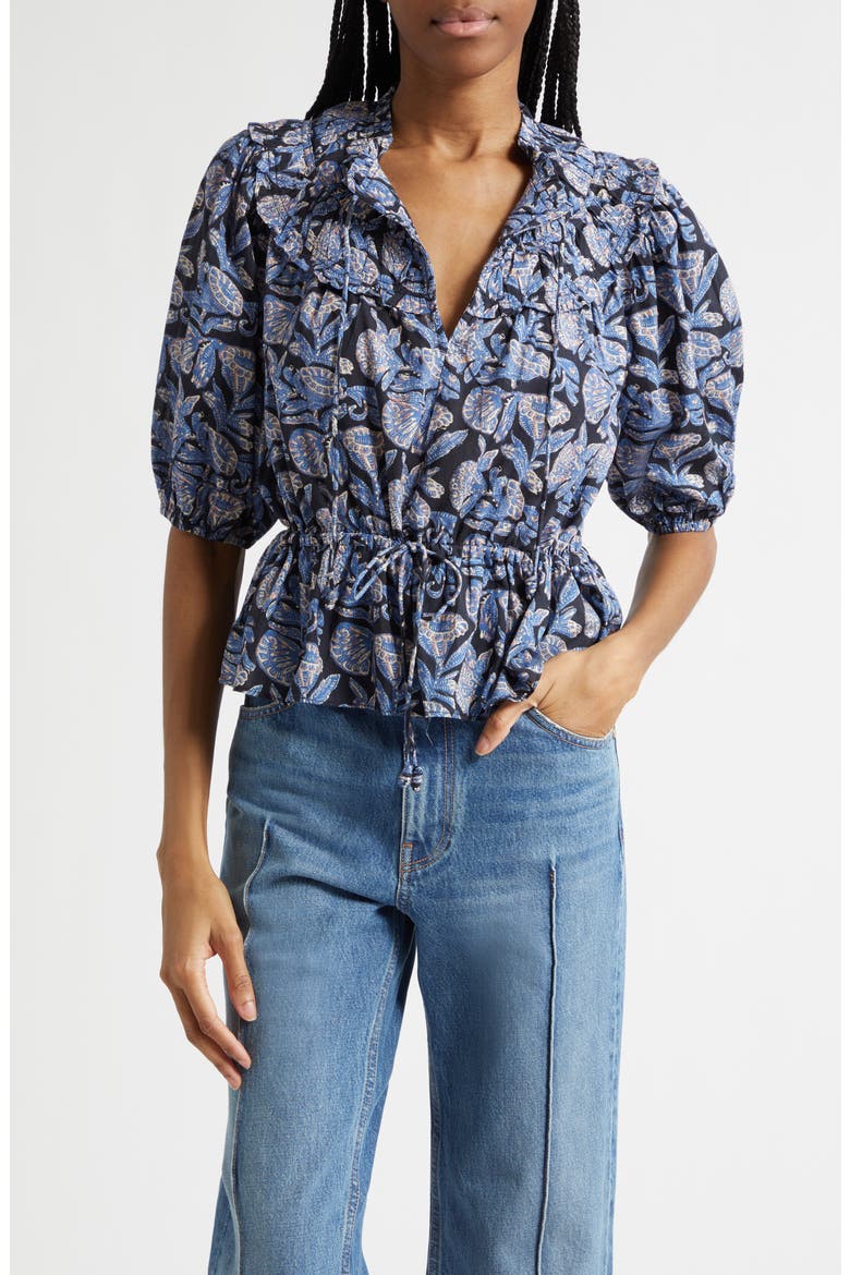 Elvie Floral Frill Collar Puff Sleeve Top, Main, color, ZINNIA