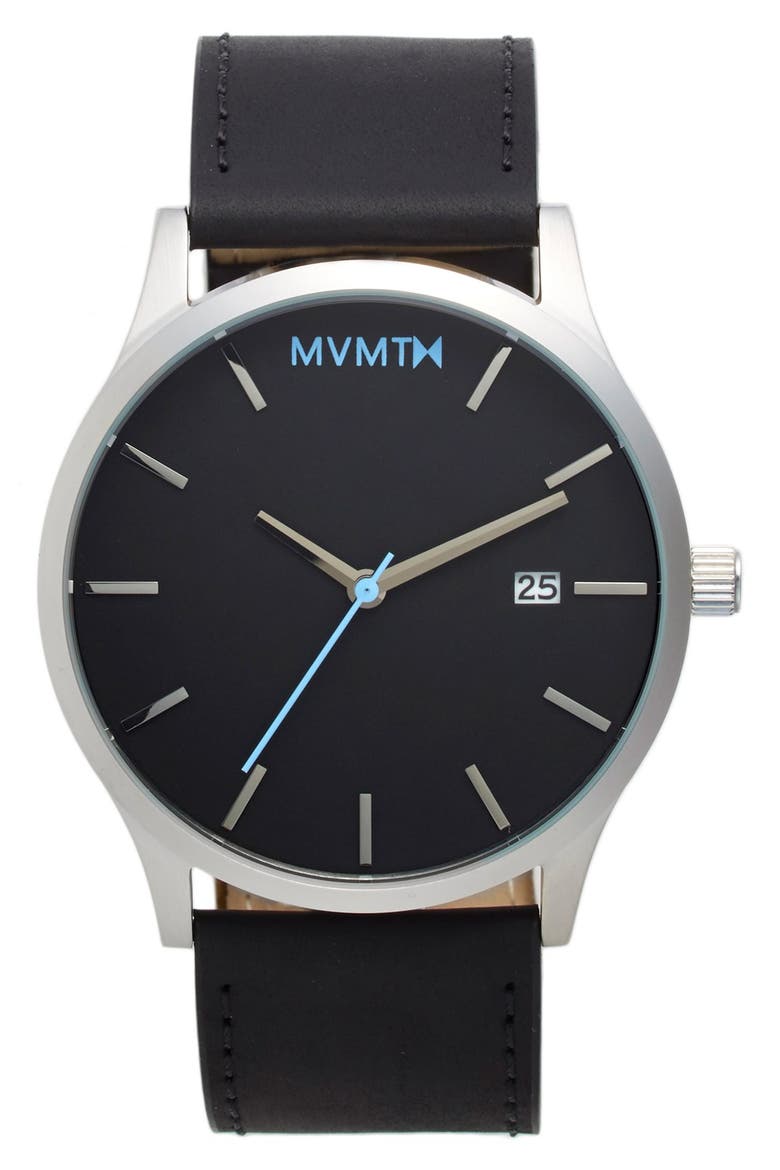 MVMT Leather Strap Watch, 45mm, Main, color, SILVER/ BLACK