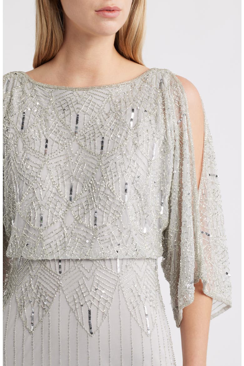Beaded Cold Shoulder Blouson Cocktail Dress, Alternate, color, SILVER