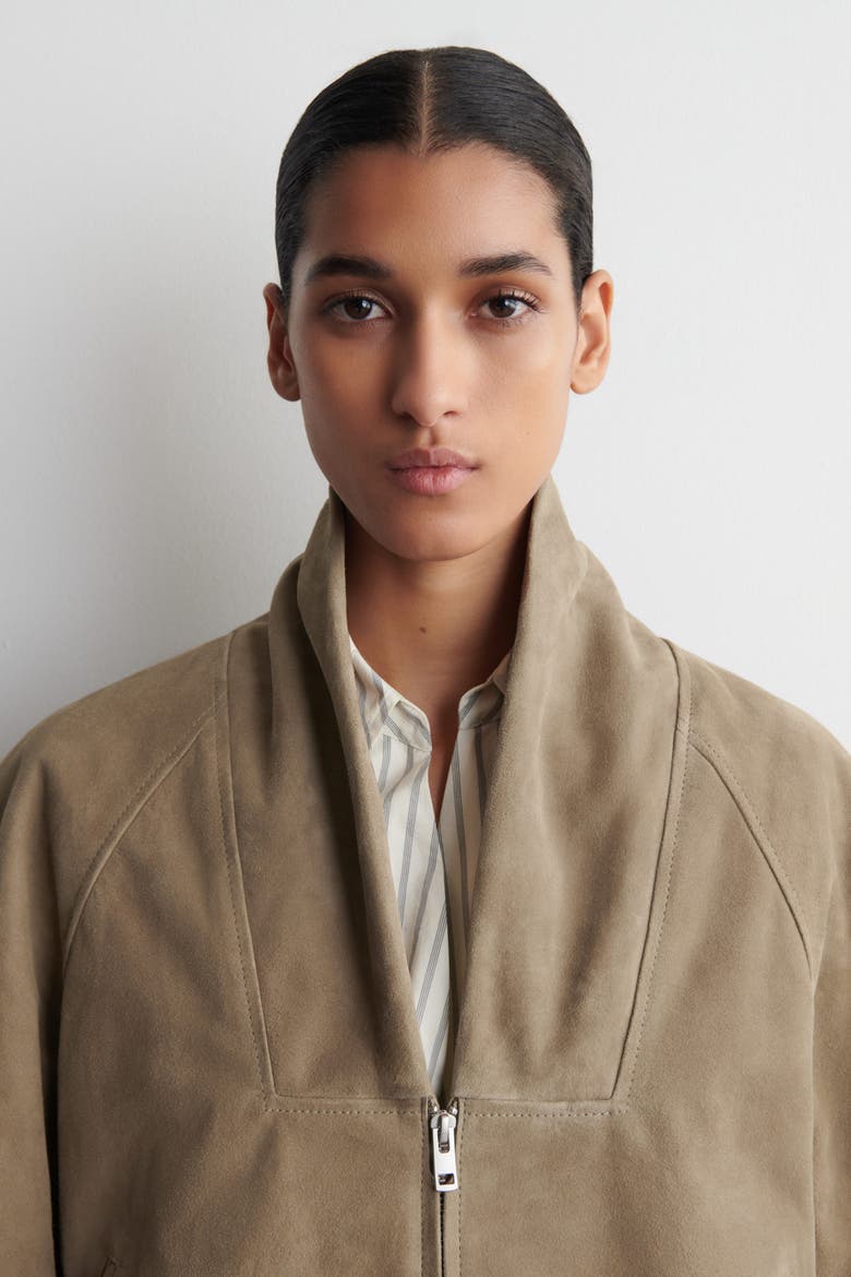 Shawl-collar Suede Bomber Jacket, Alternate, color, BEIGE