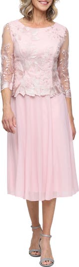 Alex Evenings Illusion Sleeve Embroidered Midi Dress