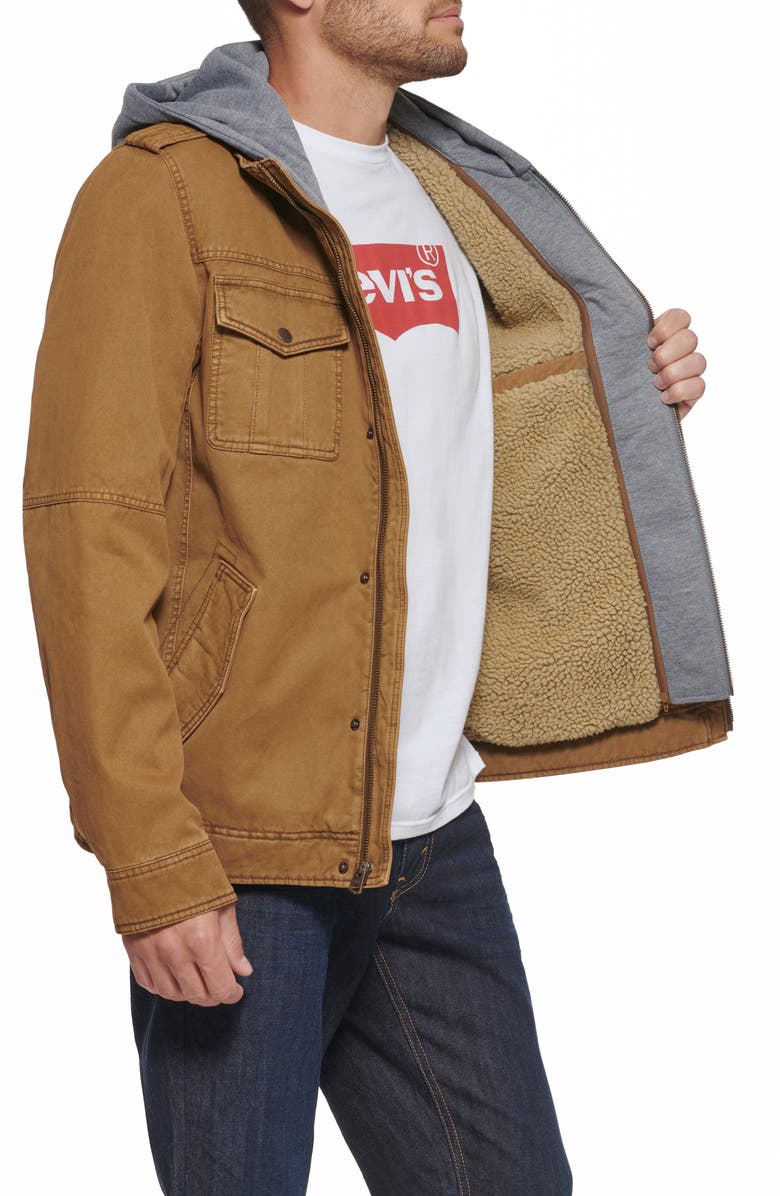 Levi's<sup>®</sup> Washed Cotton Faux Shearling Lined Hooded Military Jacket, Alternate, color, Brown