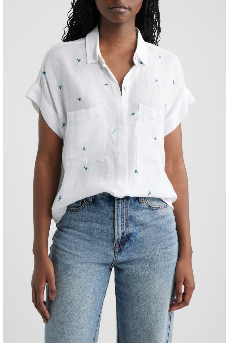 Cito Floral Embroidered Linen Blend Button-Up Shirt, Main, color, BLUEBELL CARNATIONS