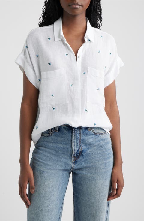 Cito Floral Embroidered Linen Blend Button-Up Shirt