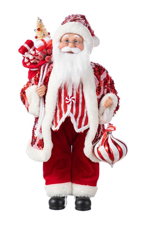 18"H Faux Fur Christmas Peppermint Santa Figurine