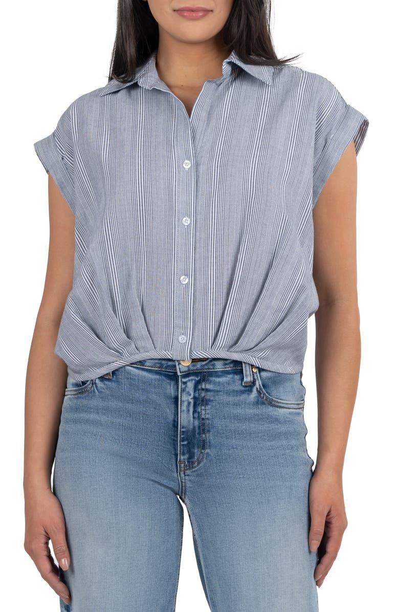 KUT from the Kloth Gaia Pleat Hem Short Sleeve Button-Up Top, Main, color, Grey/ White