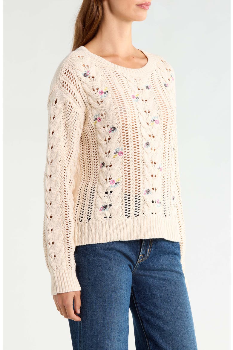 Floral Embroidered Cotton Blend Sweater, Alternate, color, WHITECAP GRAY