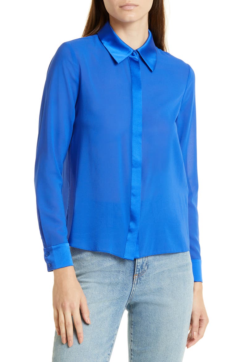 Willa Mixed Media Stretch Silk Button-Up Blouse, Main, color, ROYALTY