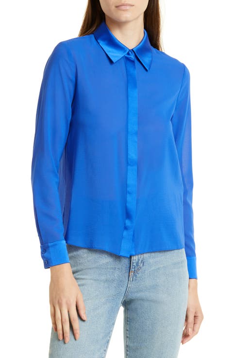 Willa Mixed Media Stretch Silk Button-Up Blouse