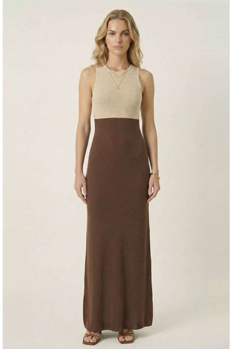 Sleeveless Knit Two Tone Maxi Dress, Main, color, Oatmeal / Chocolate
