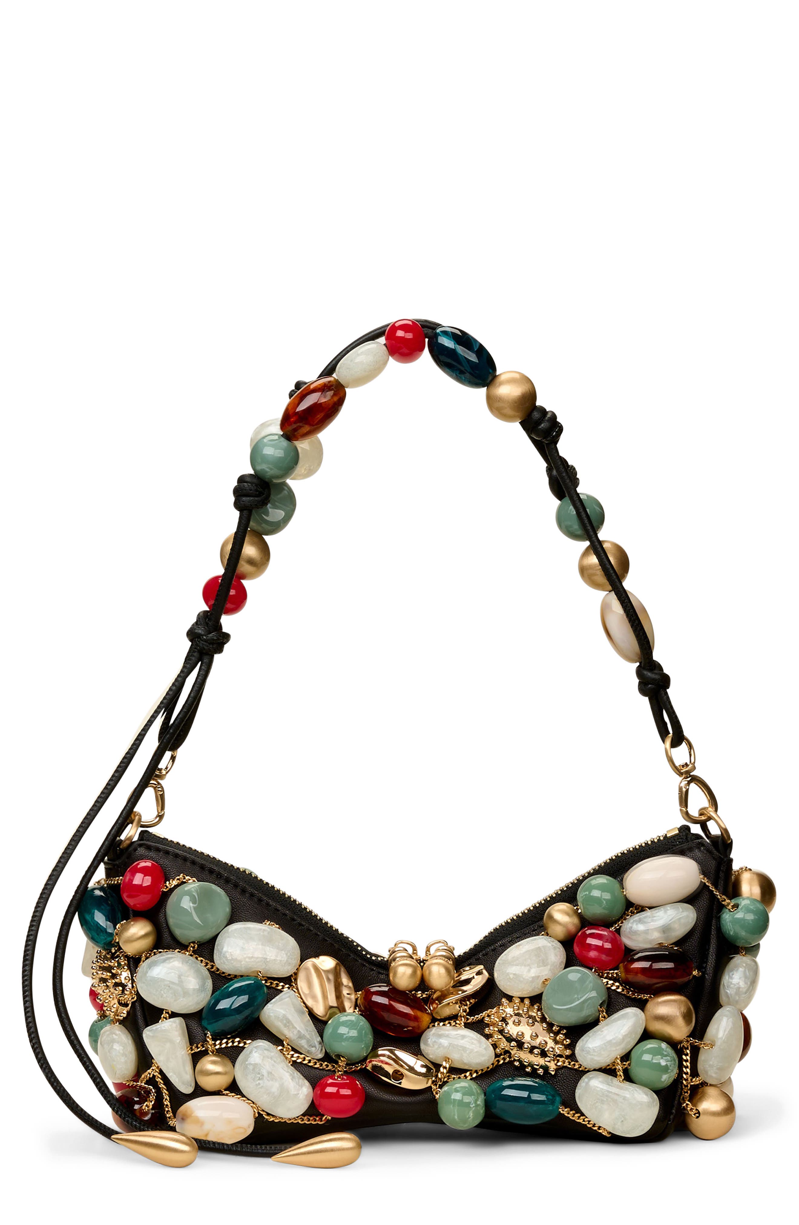 Cult Gaia Mercier Beaded Leather Clutch with Removable Shoulder Strap, Main, color, 