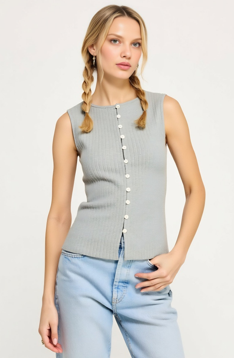 Modenaire Sleeveless Ribbed Knit Top with Off-Center Button Front Detail, Main, color, Gray