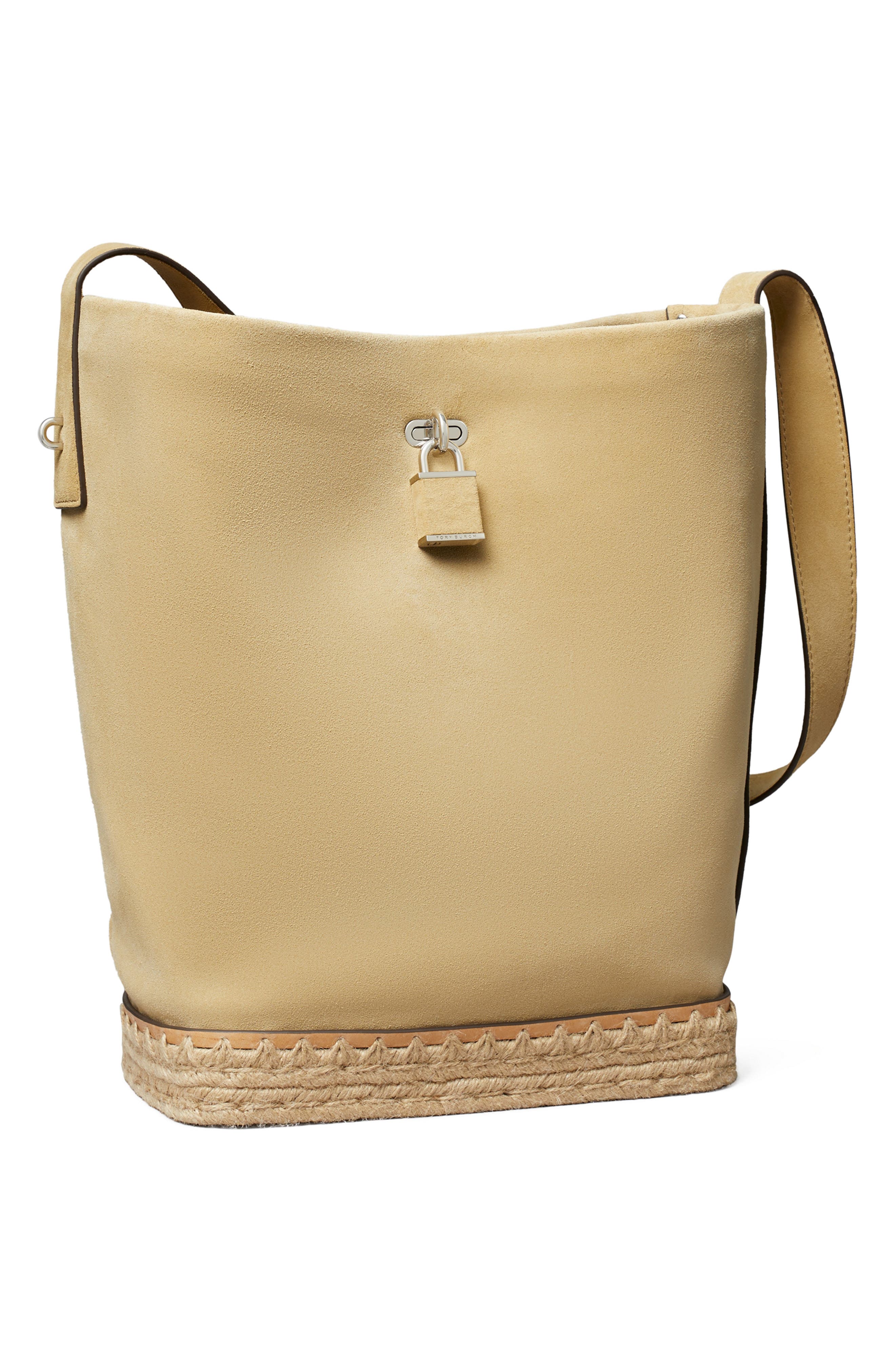 Lock T Monogram Crochet Slim Suede Shoulder Bag, Alternate, color, BUTTER