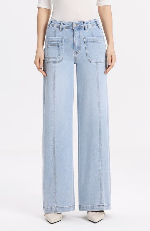 Patch Pocket Mid Rise Wide Leg Jeans