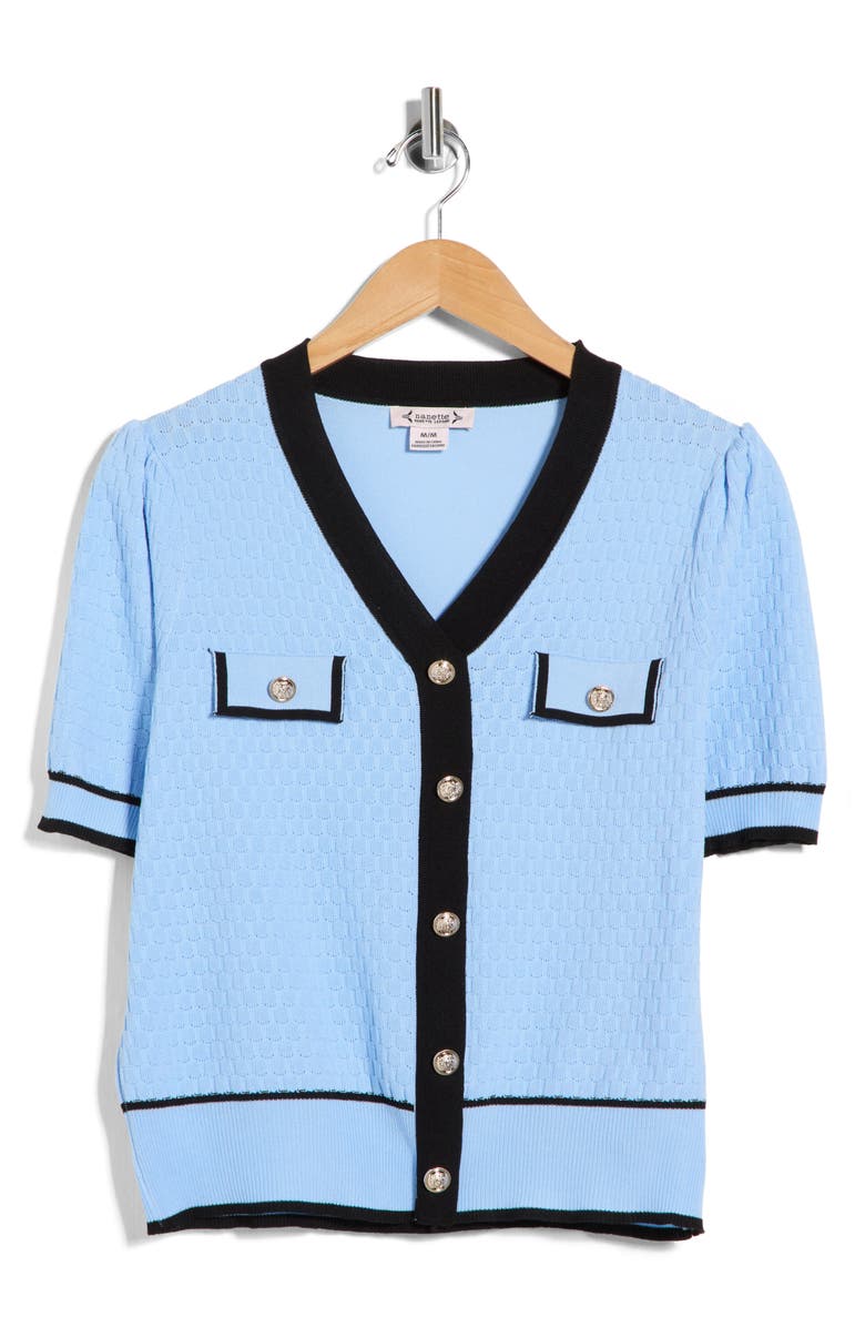 Nanette Lepore Preppy Pointelle Short Sleeve Sweater, Alternate, color, Airy Blue/ Very Black