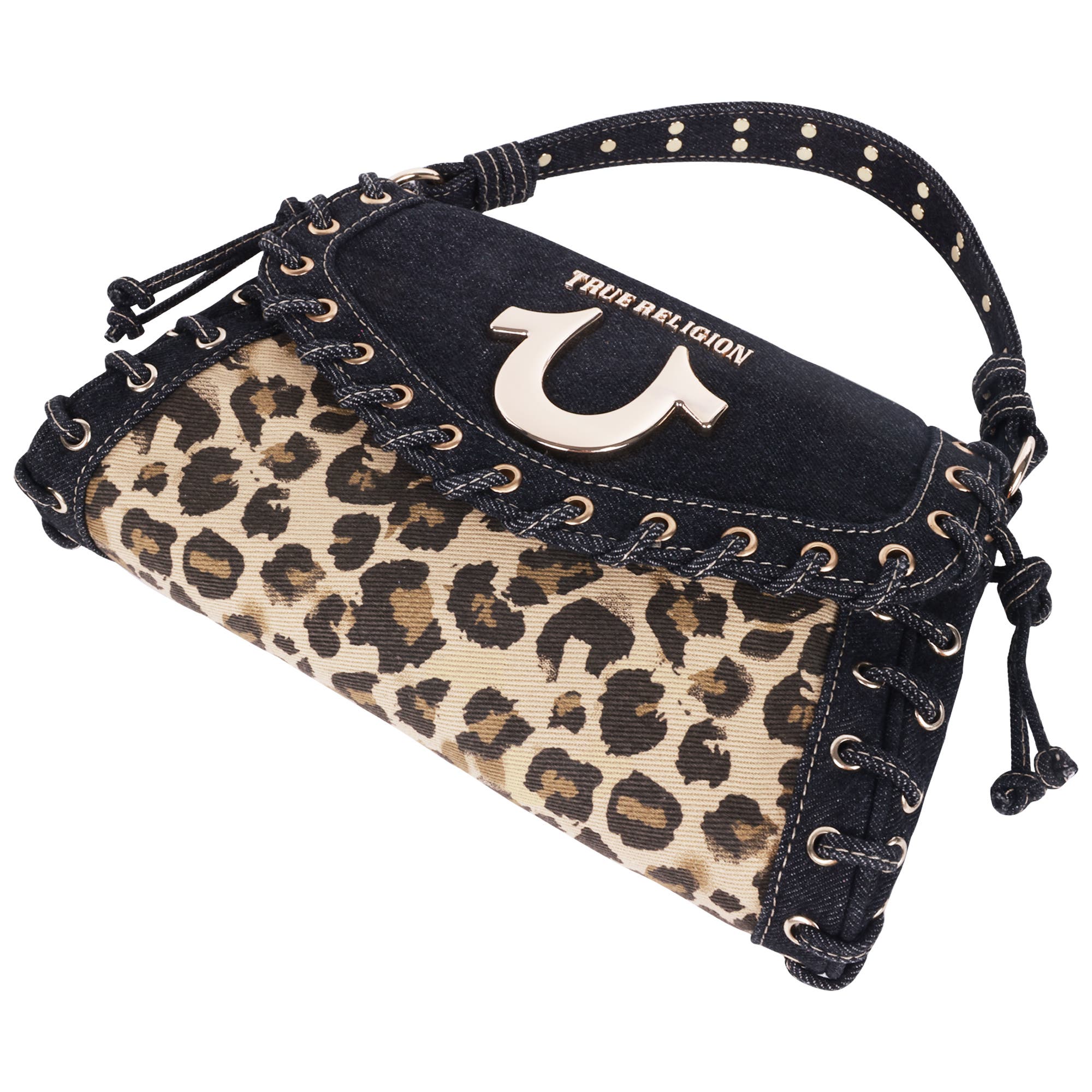 True Religion Denim Leopard Eyelet Trim Flap Bag, Alternate, color, Leopard/Black