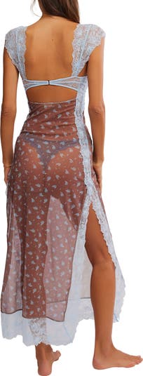 Suddenly Fine Floral Print Cutout Lace Trim Nightgown