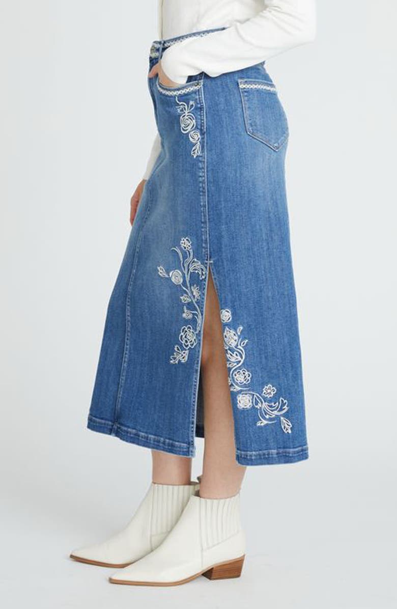 Driftwood Svetlana Ravishing Rosettes Denim Midi Skirt, Alternate, color, Medium Wash