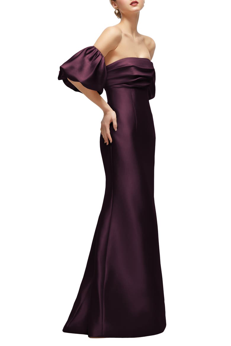 Off the Shoulder Puff Sleeve Satin Gown, Alternate, color, DEEP PLUM