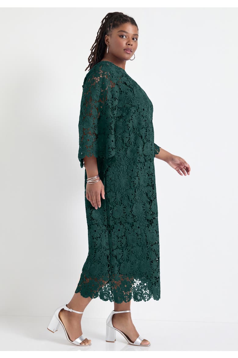 Bell Sleeve Lace Midi Dress, Alternate, color, DARK PINE GREEN