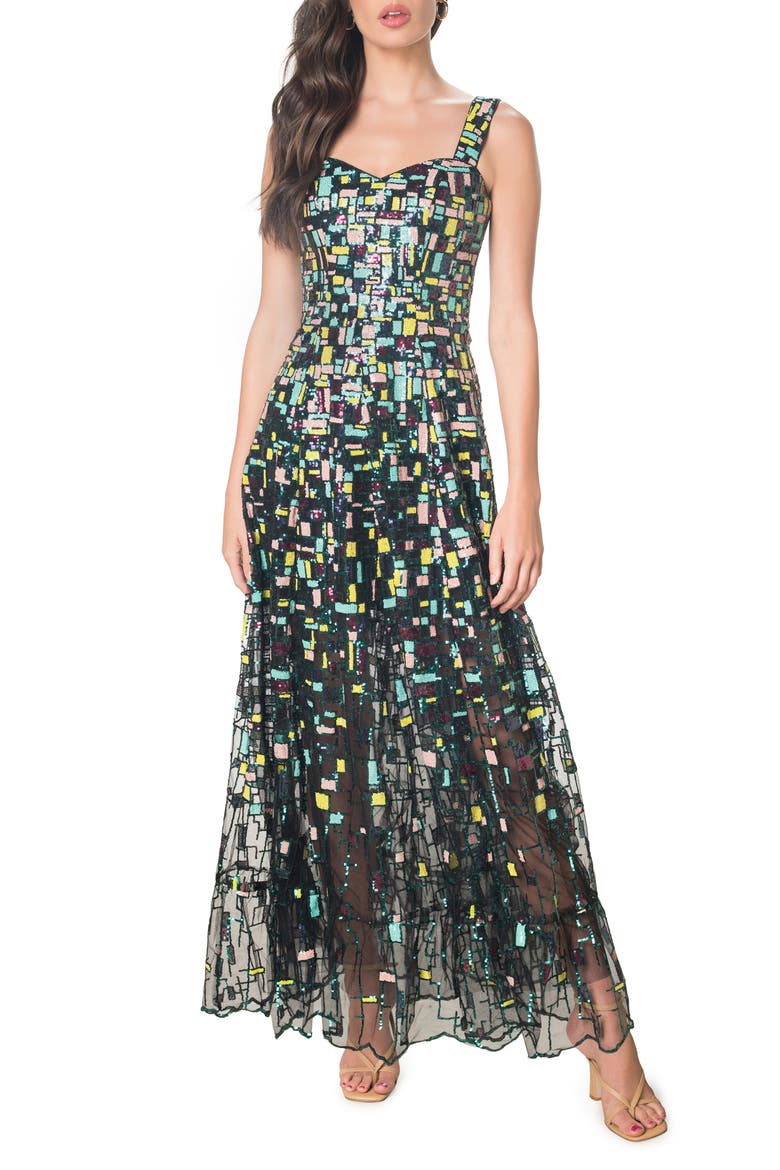 Anabel Sequin Fit & Flare Gown, Main, color, SEAFOAM MULTI