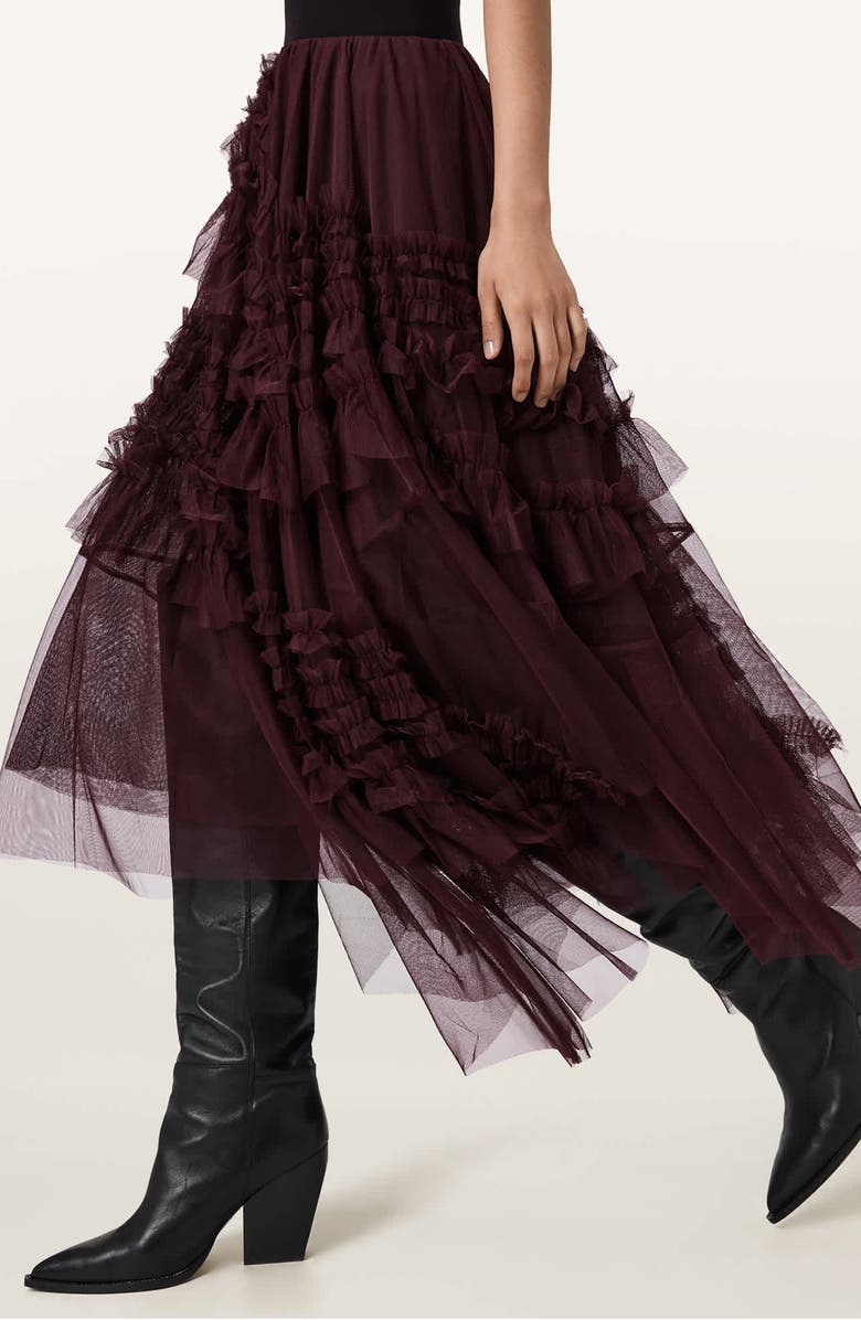 AllSaints Jen Asymmetric Hem Tulle Skirt, Alternate, color, Oxblood Red