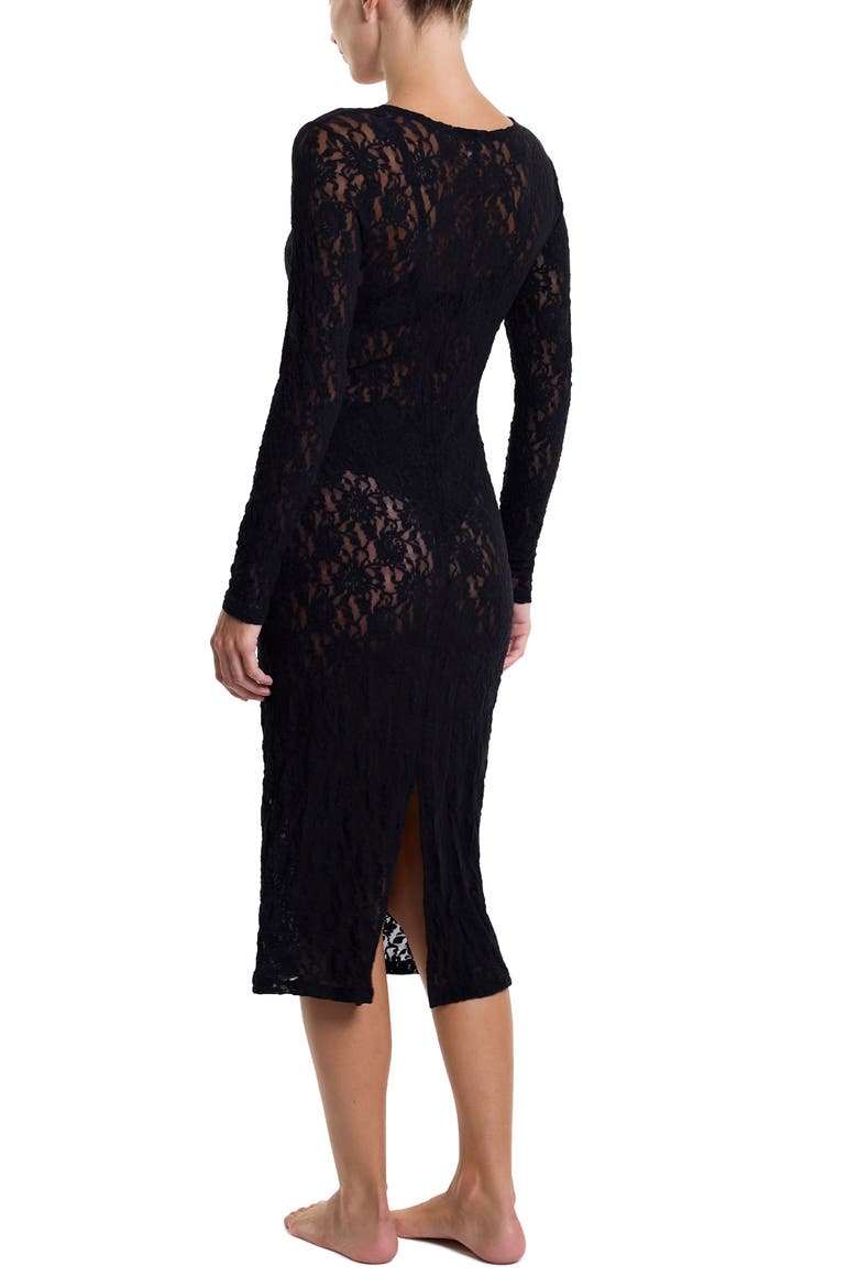Signature Long Sleeve Sheer Lace Midi Dress, Alternate, color, BLACK