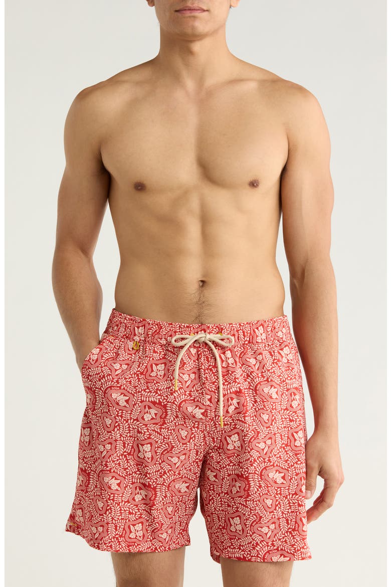 Leafy Floral Print Swim Trunks, Main, color, FIRE WHIRL