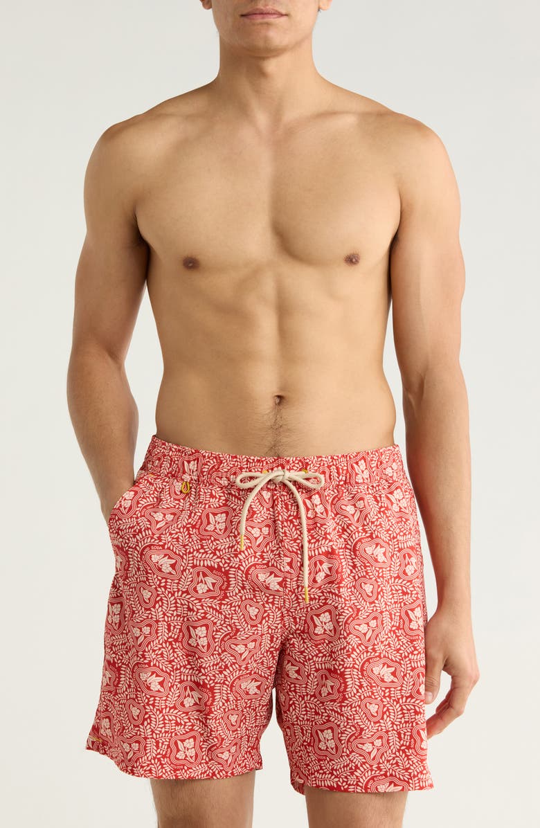 Scotch & Soda Leafy Floral Print Swim Trunks, Main, color, Fire Whirl