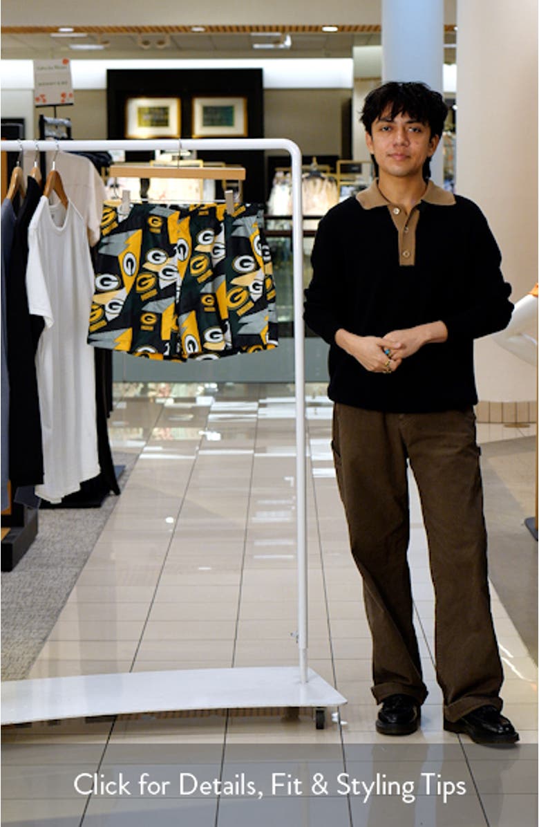 Men's FOCO Green/Gold Green Bay Packers Geo Print Swim Trunks, sales video thumbnail