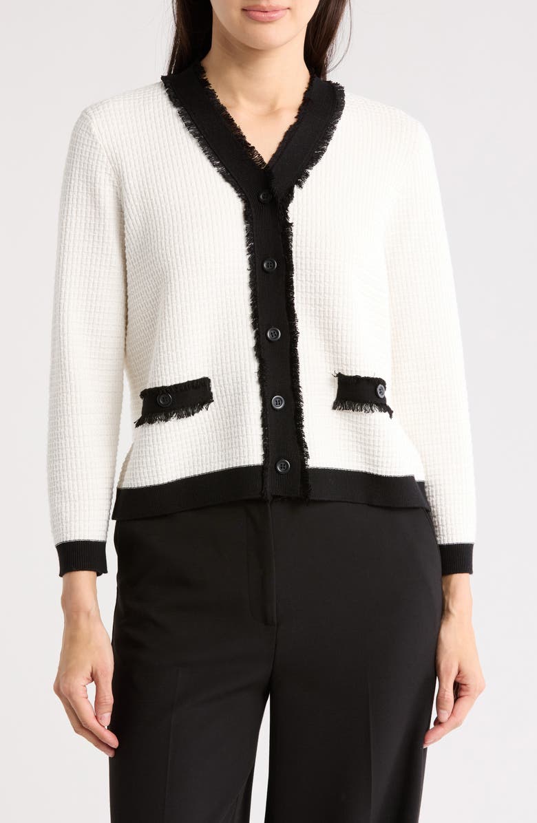 Adrianna Papell Frayed Edge Colorblock Crop Cardigan, Main, color, 