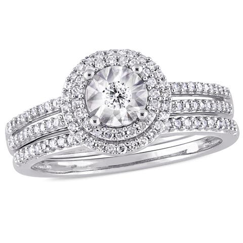 Diamond Halo Split Shank Bridal Ring Set 10k