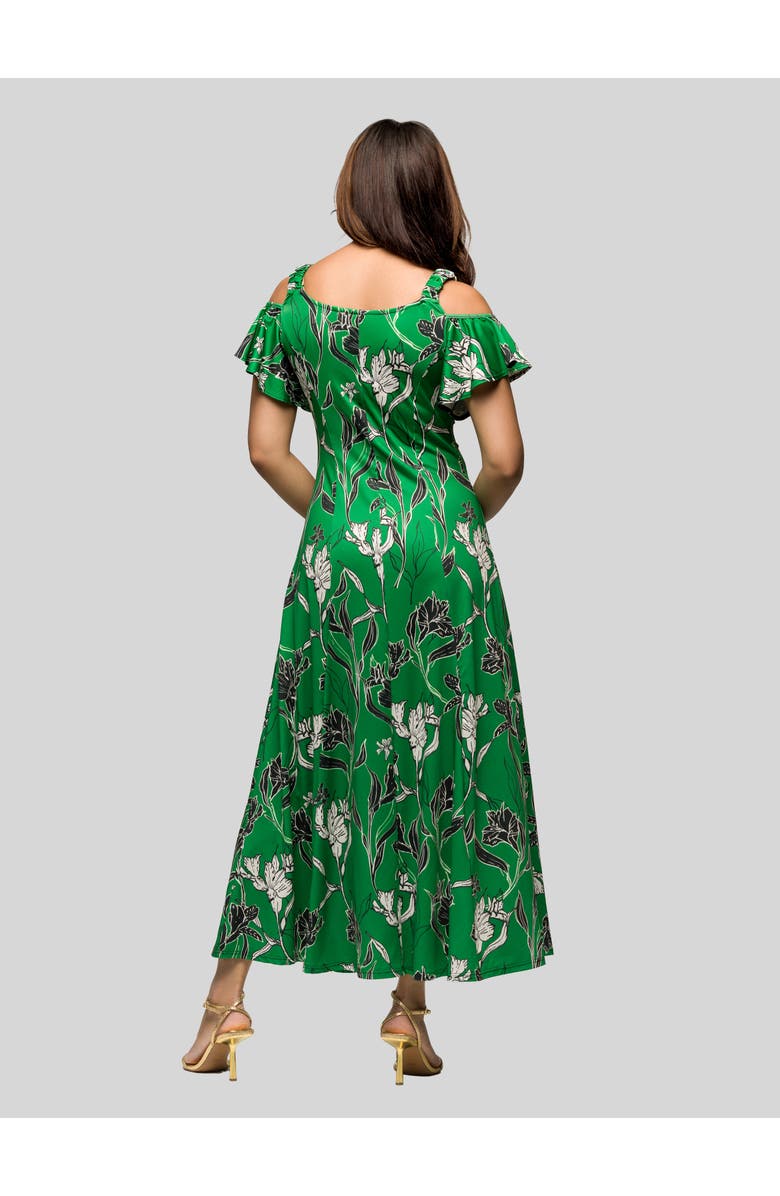 24seven Comfort Apparel Green Floral Cold Sholder Ruffle Sleeve A-Line Maxi Dress, Alternate, color, Green Multi